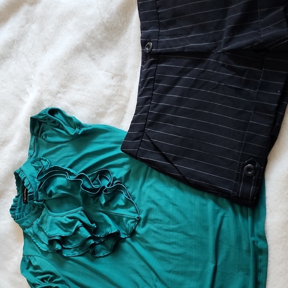 Heartsoul green shirt w/ ruffles and opening in front, black shorts with strips